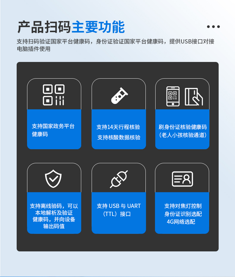 支持扫码验证国家平台健康码，身份证验证国家平台健康码，提供USB接口对接电脑插件使用