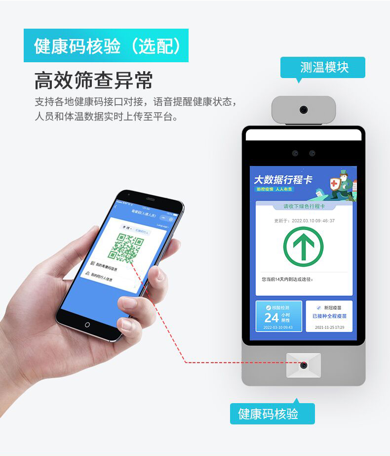 健康码身份证测温核验设备系列F6 智能人脸识别测温健康码核验闸机通道立柱款